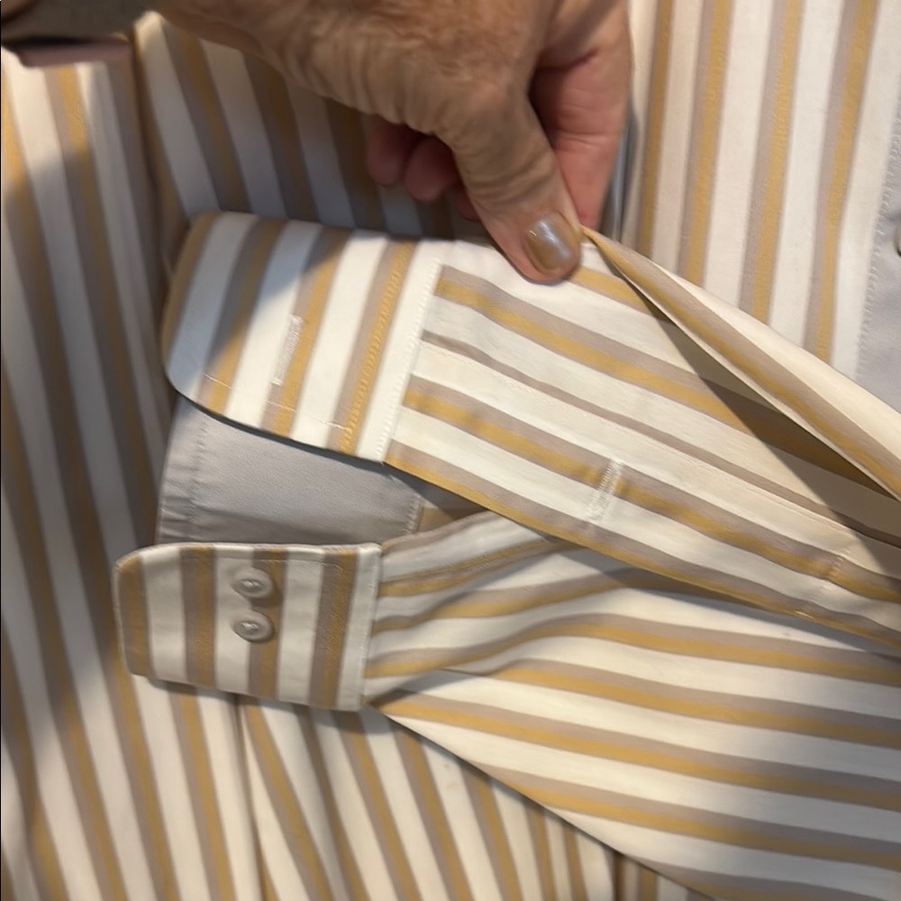 Paul Fredrick Men's Dress Shirt - Tan and White Stripes - Picture 3 of 4